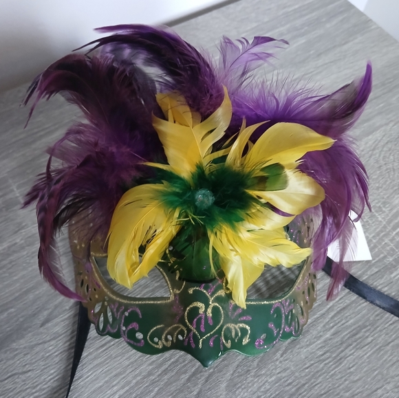 MARDI GRAS Feather Embellished Handpainted Masquerade Mask - Picture 8 of 14